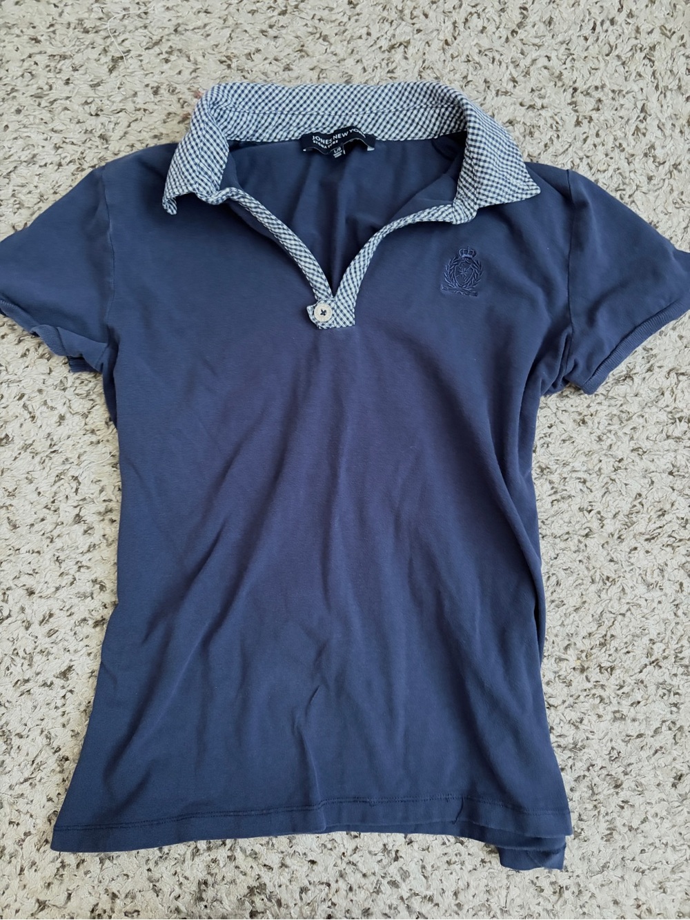 Jones New York Signature Navy Shirt with Gingham Trim